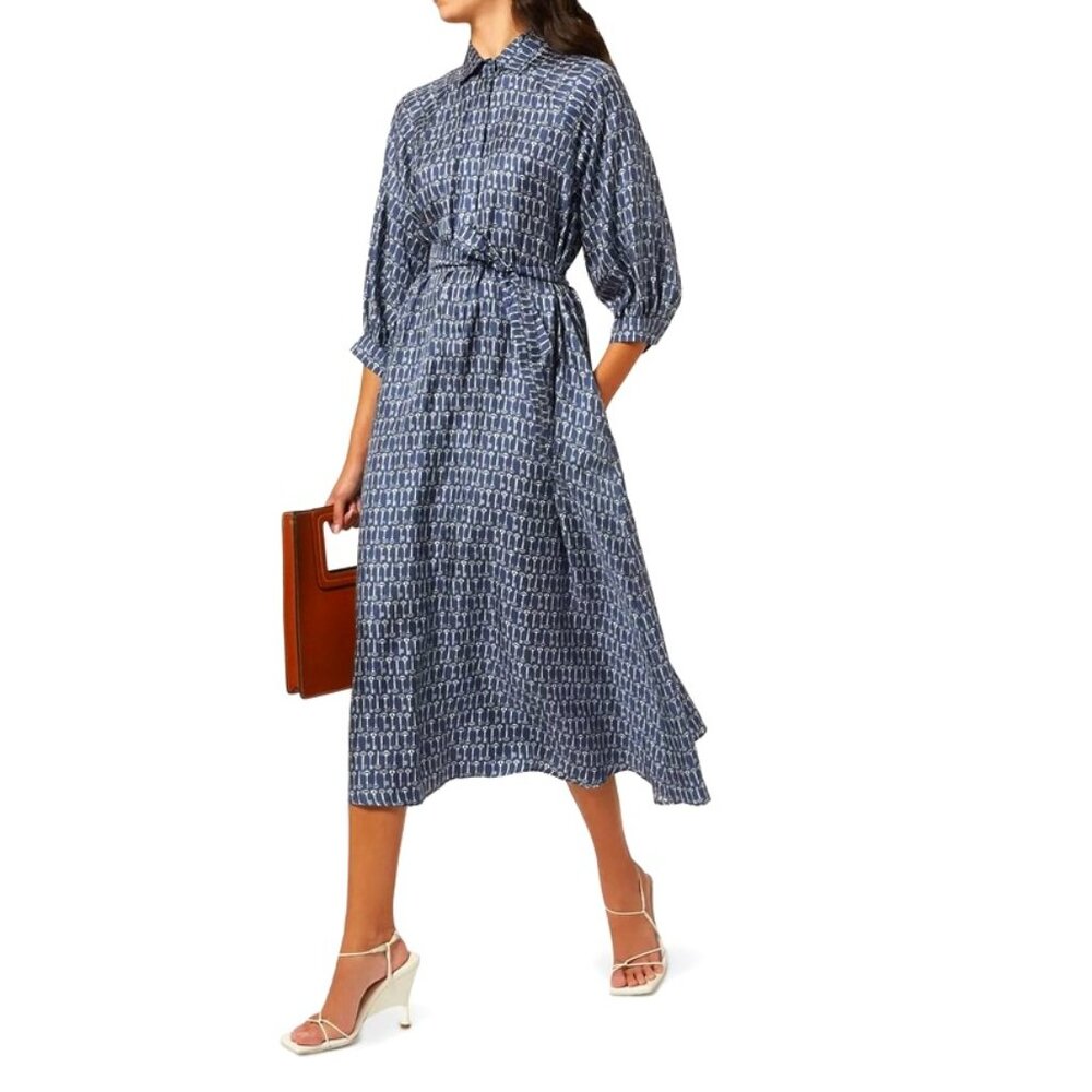 Max Mara Belted Shirt Dress Pure Silk Navy Blue Size 12-16